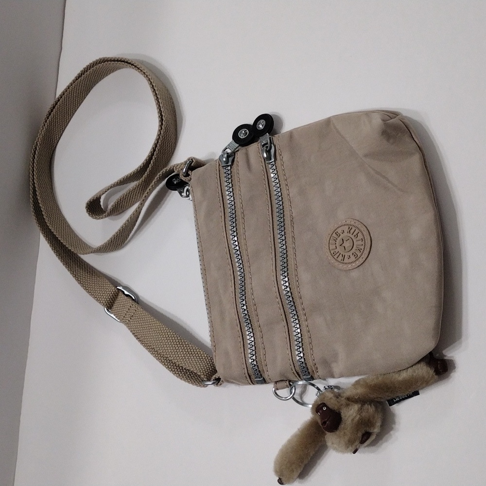 Kipling Tan Nylon Messenger Crossbody Bag with Andy Gorilla Key Chain